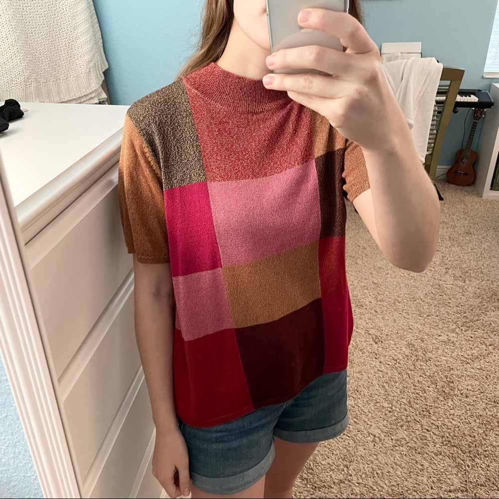 J.h. Collectibles Turtle Neck Short Sleeve Checkered Top